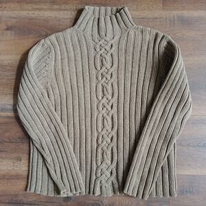 LL Bean Women's L Cotton Fisherman Cable Knit Chunky Turtle Neck Sweater Brown